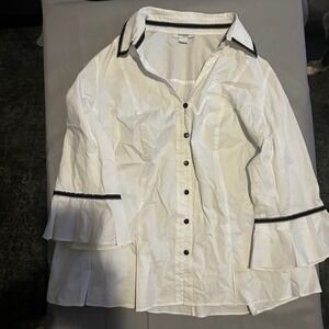 Dressbarn Woman White Button Down Shirt 1X Black Trim Bell Sleeve Stretch Top